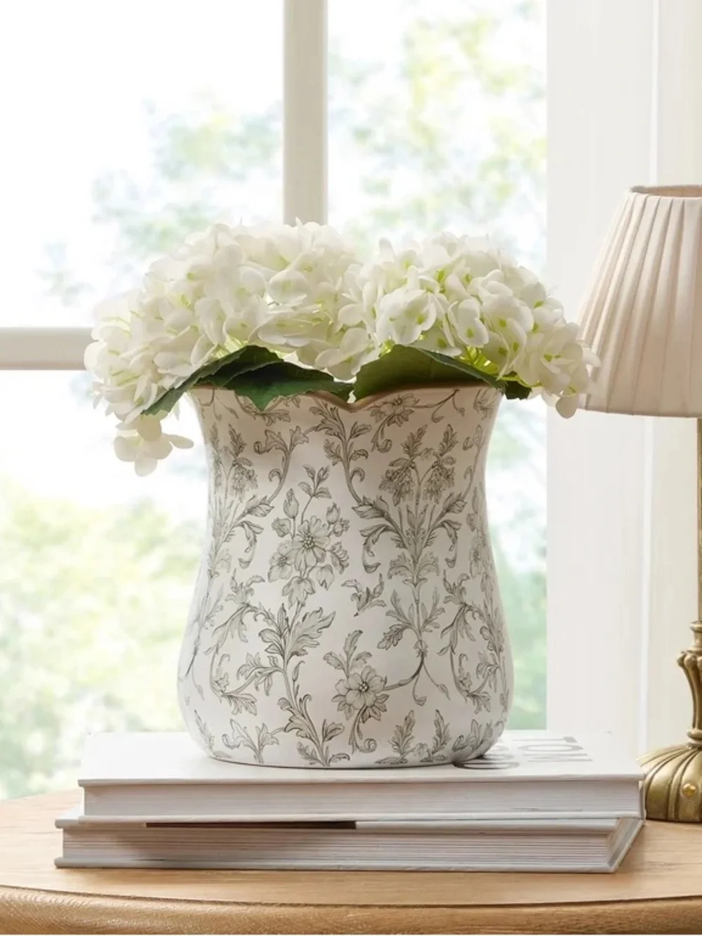 My Texas House 8” White/Green Floral Scallop Trim Ceramic Vase
